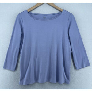 EILEEN FISHER Top L Cotton Interlock Jersey Boat Neck 3/4 Sleeve Basic Blue